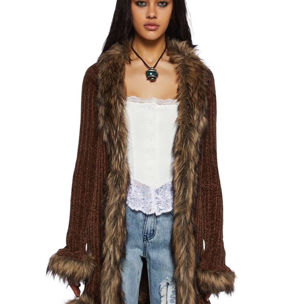 Furry foe long cardigan-brown sz xtra small - Picture 5 of 8